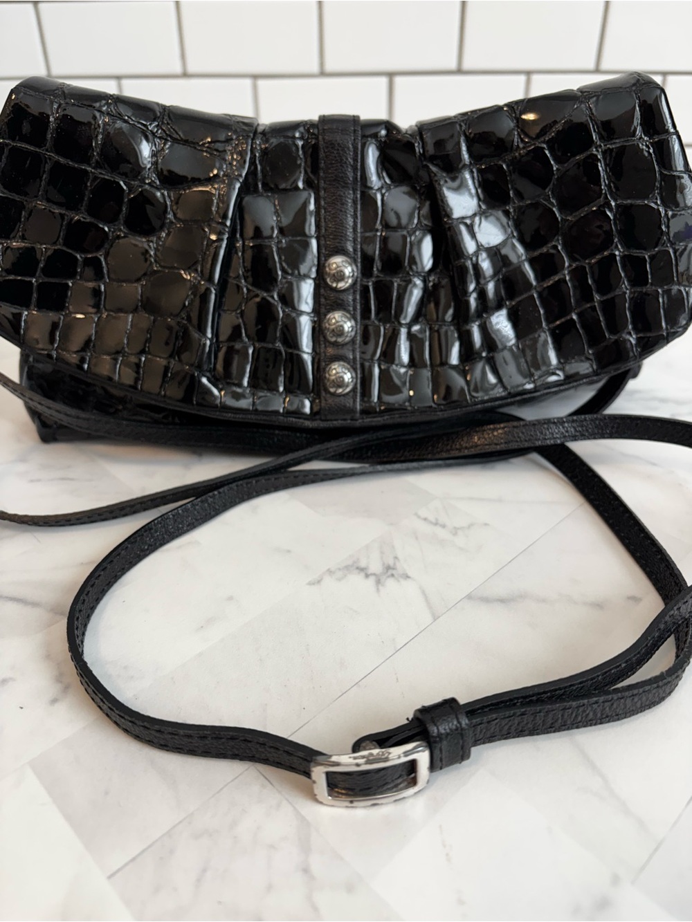 Brighton Black Croc-Embossed Patent Leather Crossbody Bag